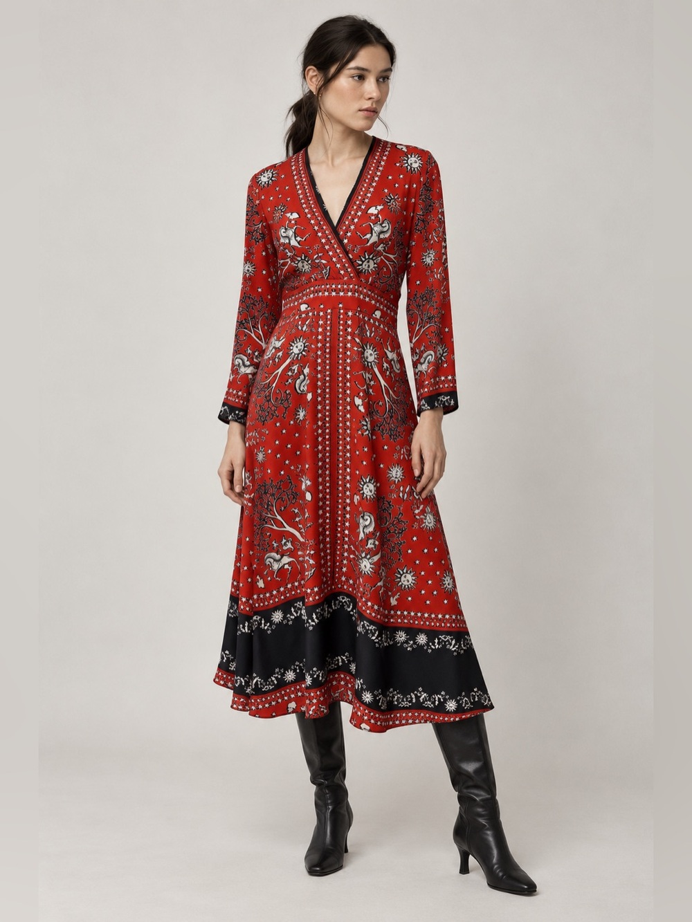 Sandro Paris Red Black 100% Silk Printed V-Neck Midi Dress FR 38